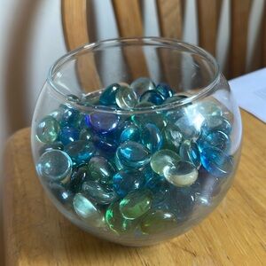 Glass Bowl Centerpiece with Water Tone Glass Stones